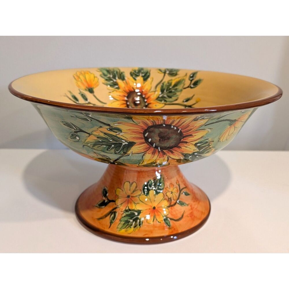 Vintage Terra Cotta Sunflowers Glazed Ceramic Footed Bowl Pedestal Centerpiece